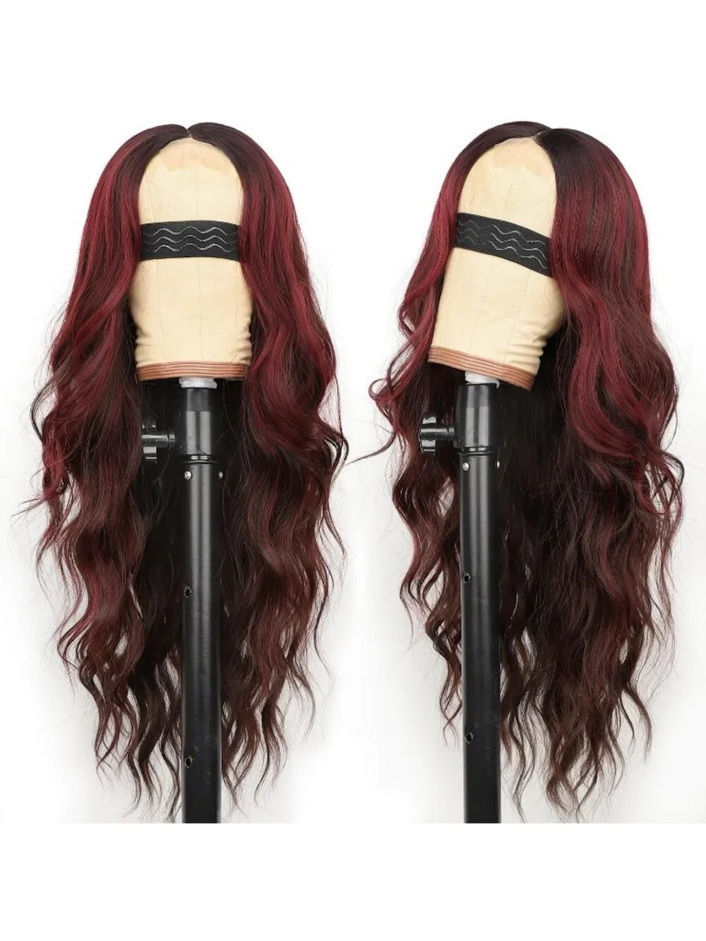 Women's Brown Red 1 Lace Hairline 26 Inch Synthetic Heat Resistant Wavy Wigs